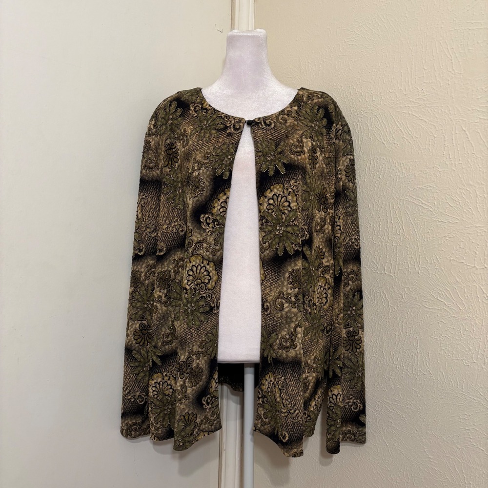Whimsigoth Green Gold Metallic Floral Lace Print Open Front Cardigan Jacket 24W